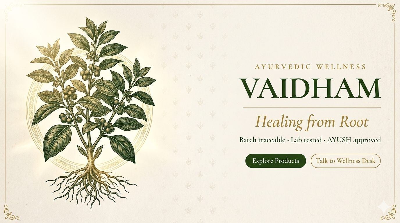 Vaidham premium Ayurvedic wellness hero with botanical artwork and product exploration call to action