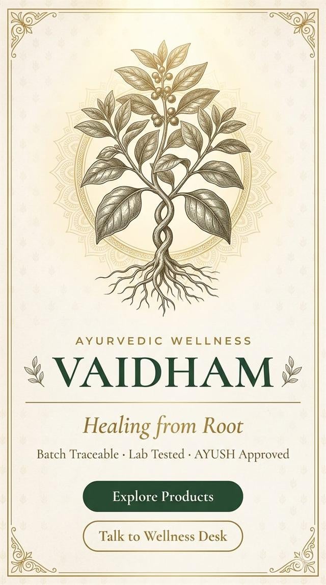 Vaidham premium Ayurvedic wellness hero with botanical artwork and product exploration call to action
